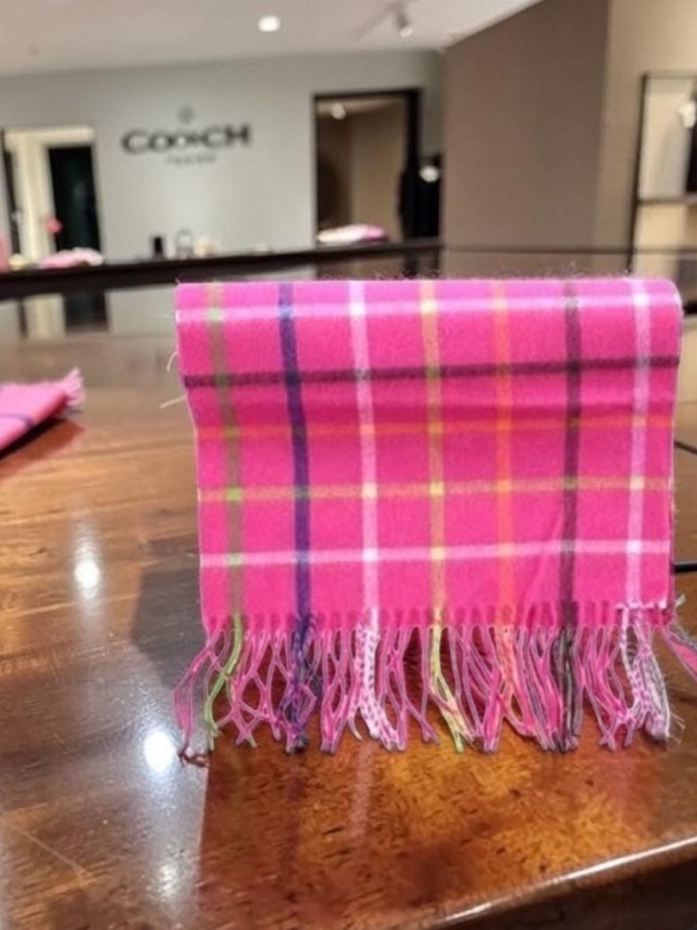 Coach legacy cashmere fringe plaid scarf PINK neck wrap - Picture 6 of 11